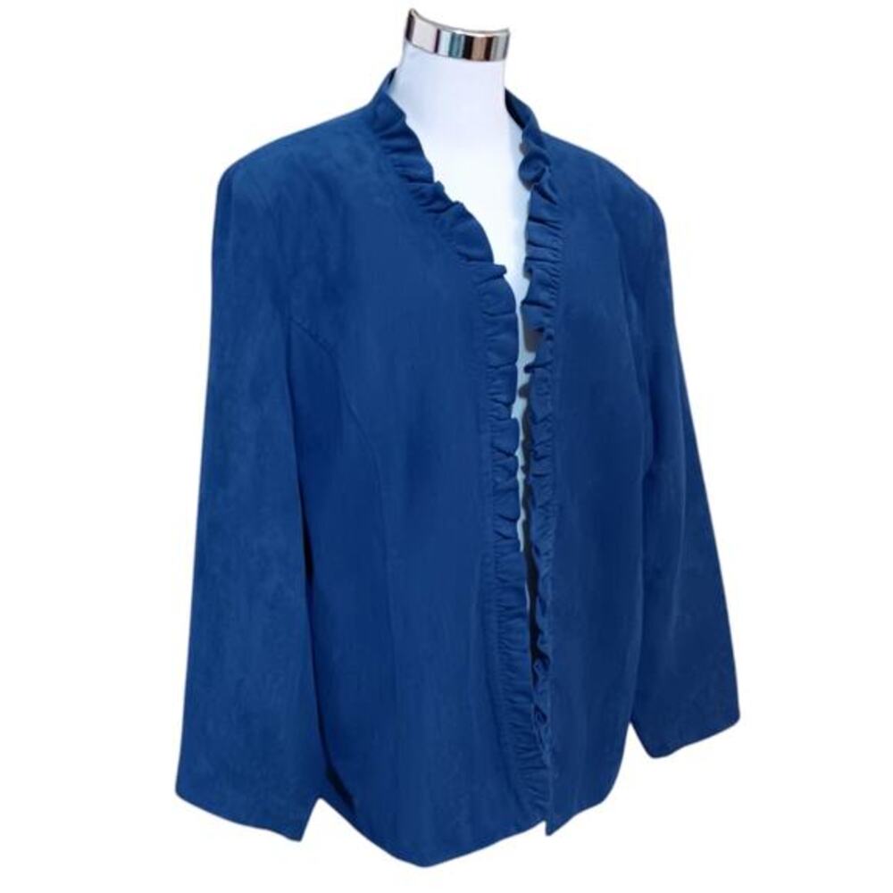 DRESSBARN Jacket Faux Suede Ruffled Beautiful Blue Size 18W Open Front Blazer